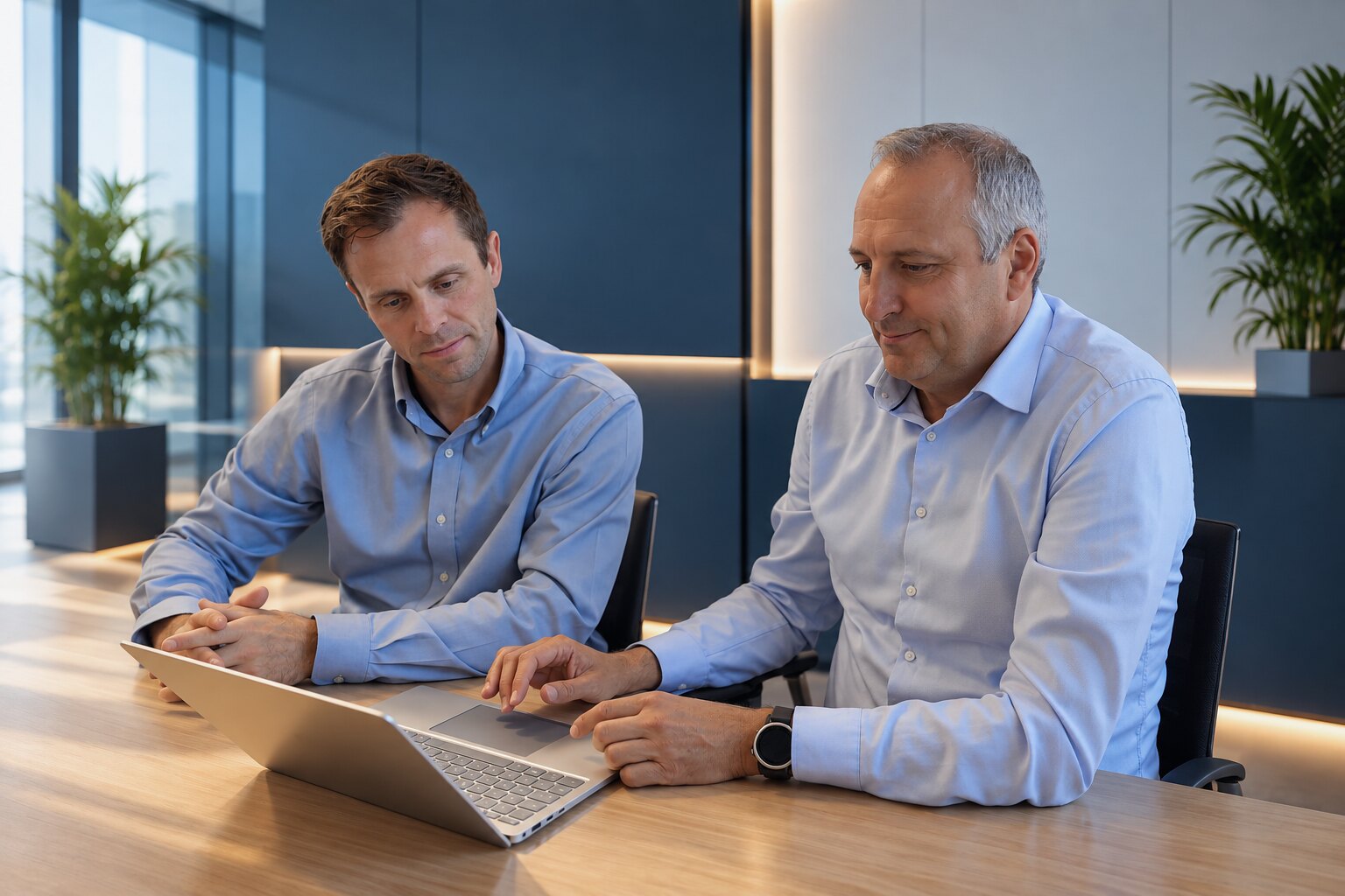 MMag. Christoph Pircher und Dr Daniel Ratzinger besprechen profuturum am Laptop